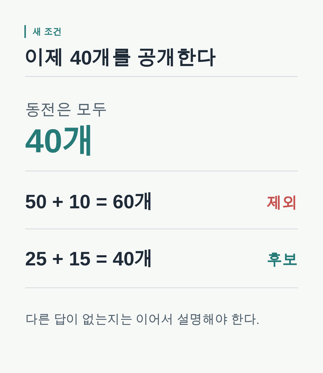 동전 총수 40개라는 새 조건으로 앞의 60개 조합이 제외되는 과정.
