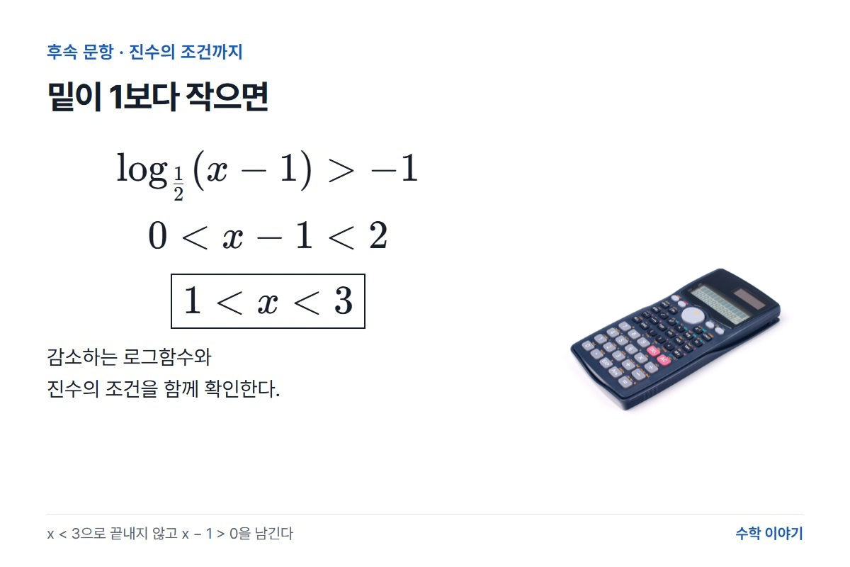 계산기 사진과 로그부등식의 밑·진수 조건